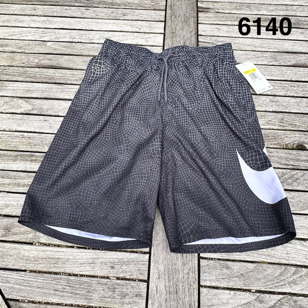 Nike 9" Grid Swoosh Volley Swim Shorts Trunks Black Drawstring Mens Small